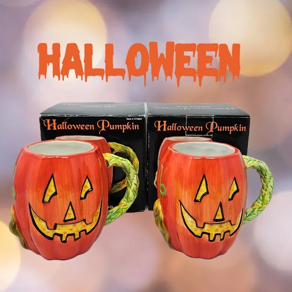 Halloween Pumpkin Ceramic Mugs Set Of 2 Susan Winget 22 FL. Oz Autumn fall Feel - Picture 1 of 9